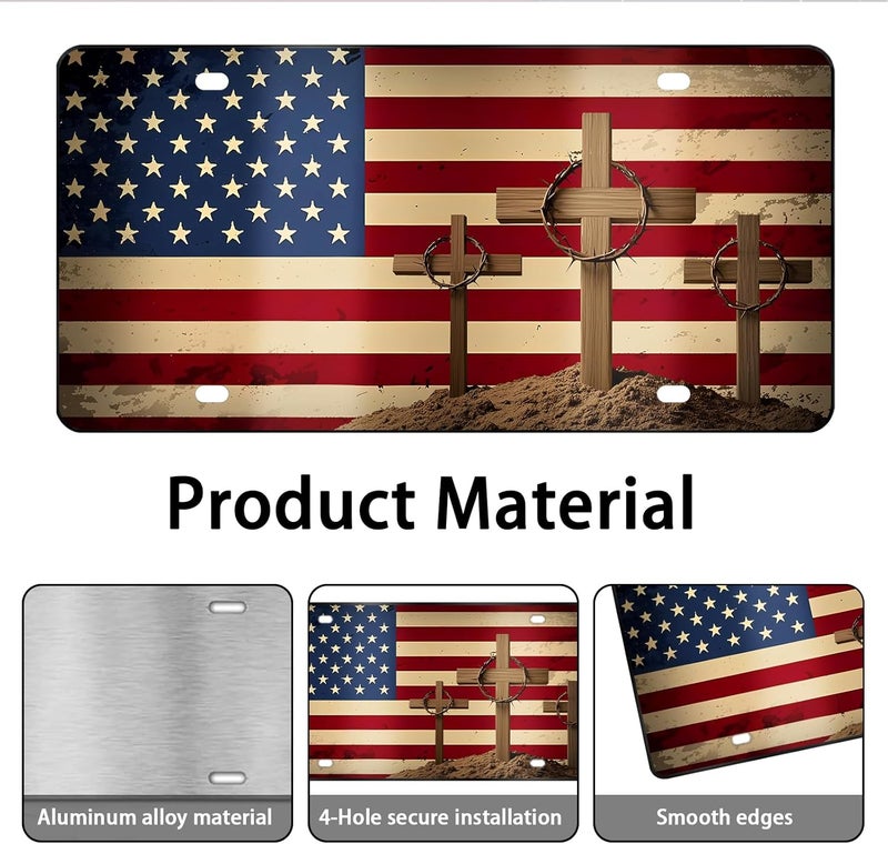 MCIAONE Front License Plate Cover, Cross License Plate Christian Aluminum Decorative Licenses Plates, America Flag Novelty Vanity Tag, Car Decor Accessory with 4 Holes, 6×12 inch Car Plates Decor - Image 3
